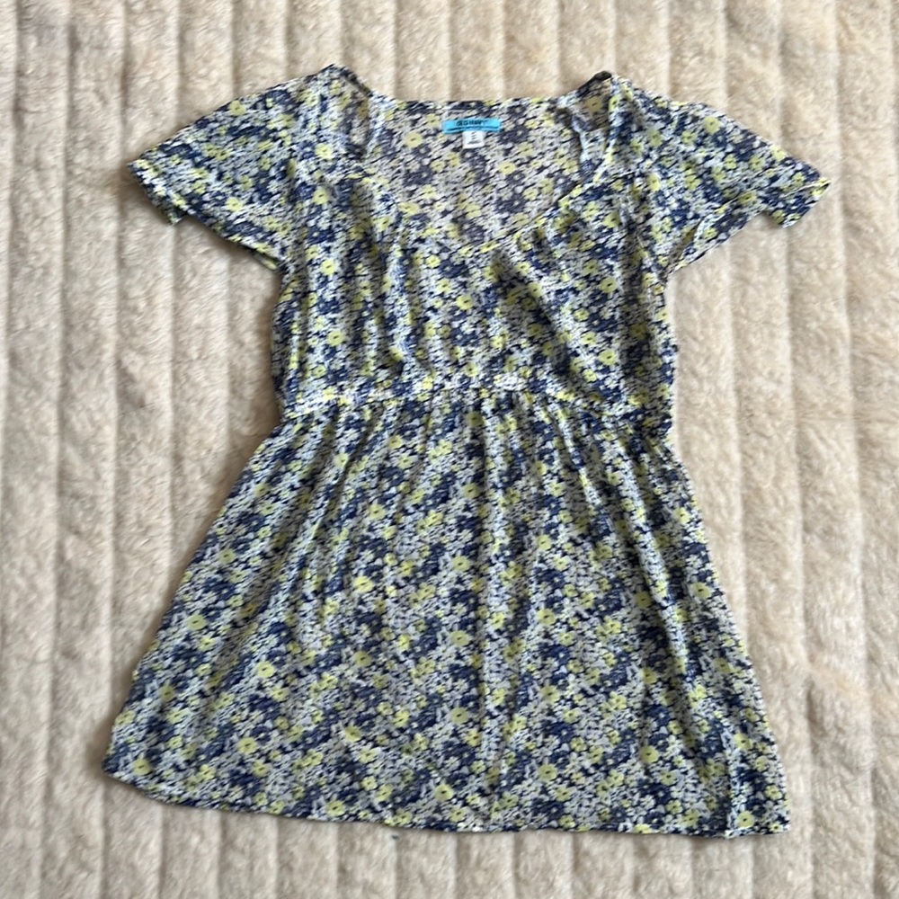Maternity sheer blue and yellow short sleeve shirt